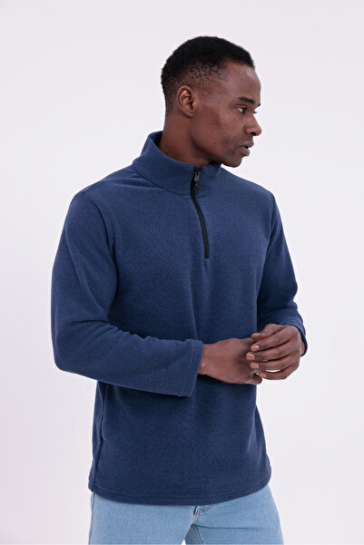 freemen Men's Navy Blue Fit Mock Neck Half Zipper Sweatshirt Fleece