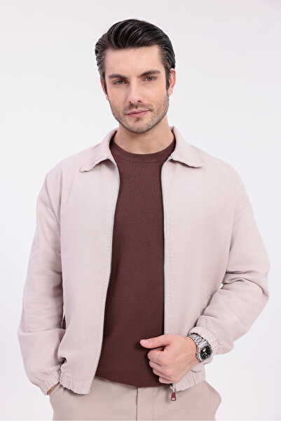 Firststops Men's Beige Gabardine Fabric Zippered Oversized Transitional Jacket