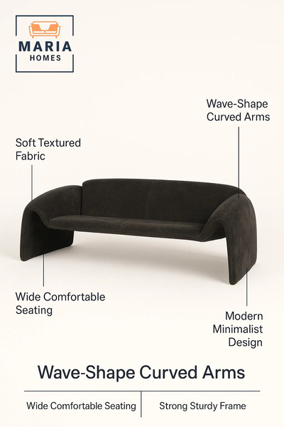 MARIA HOMES Modern Gray Sofa – Curved Fabric 3-Seater for Living Room & Lounge Spaces