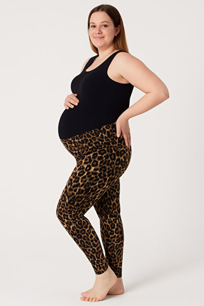 BYEN GİYİM Hamile Leopar Desenli Yumuşak Likralı Rahat Bel Uzun Tayt