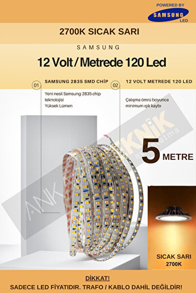 ankarateknik Samsung Şerit Led 5 Metre / 12 Volt / Metrede 120 Led / 2700K SI...