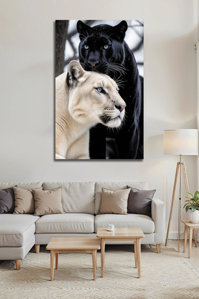 B&G DESIGN Siyah Panter ve Beyaz Puma Zıtlık Temalı Mavi Gözlü Dekoratif Cam ...