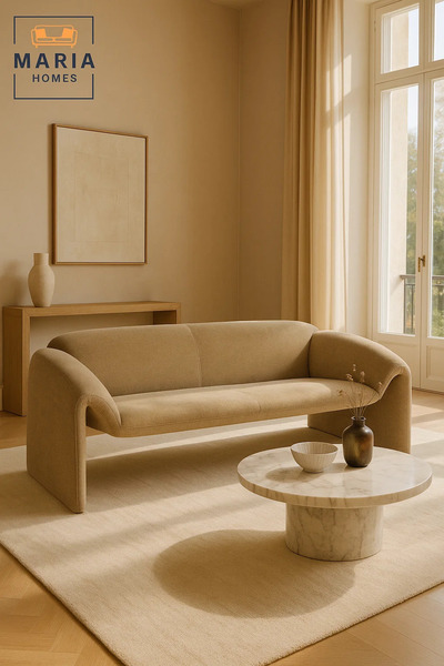 MARIA HOMES Modern Beige Sofa – Curved Fabric 3-Seater for Living Room & Lounge Spaces