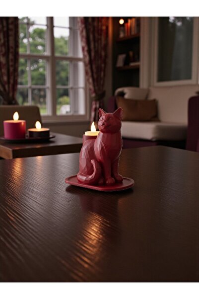 Dropcek eticaret Mozaik Desenli Kedi Mumluk Kırmızı 13 x 13 cm -Led Mum Hediye