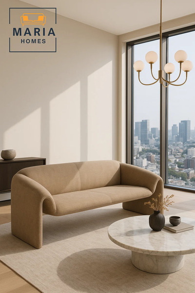 MARIA HOMES Modern Beige Sofa – Curved Fabric 3-Seater for Living Room & Lounge Spaces