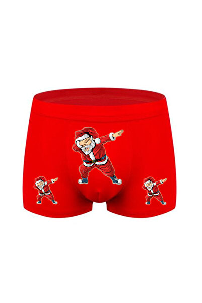 HediyeMania Dans Eden Çılgın Noel Baba Baskılı Yılbaşı Hediyesi Espirili Kırmızı Erkek Boxer Pamuklu
