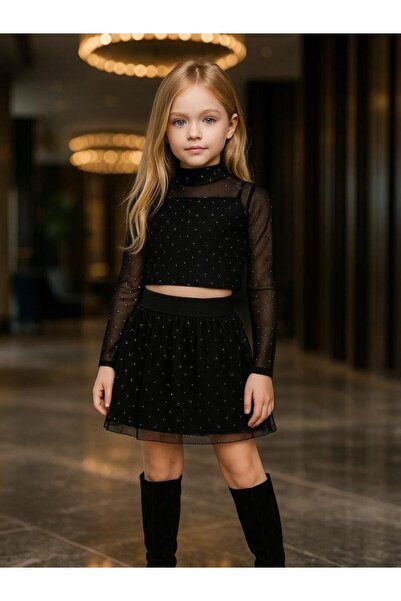 Zekids Girl's Stone Embroidered Tulle Blouse and Skirt Set