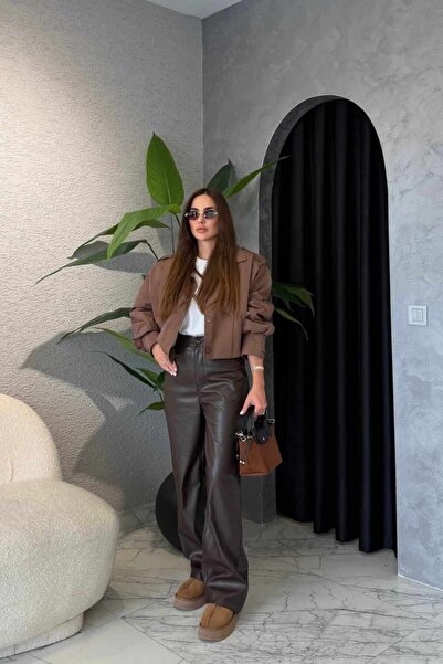 LUV STUDİOS CO Acı Kahve Şardonlu Yüksek Bel Premium Kalite Yumuşak Deri Pala...