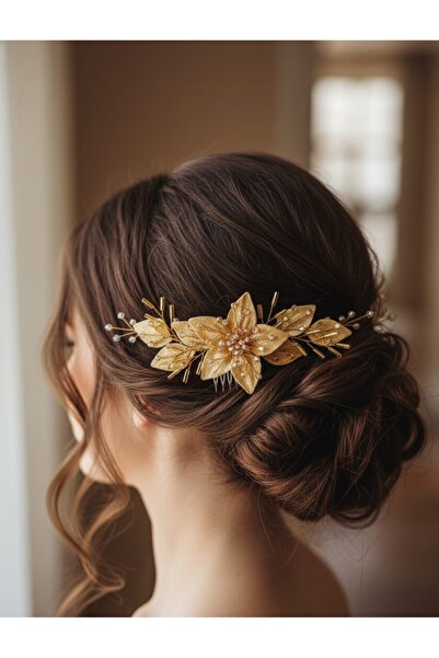 MoonskinBridal Kristal Taş İşlemeli Çiçek Ve Yaprak Detaylı Söz Nişan Tokası