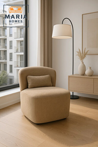 MARIA HOMES Modern Lounge Chair – Soft Beige Fabric Accent Chair with Back Cushion