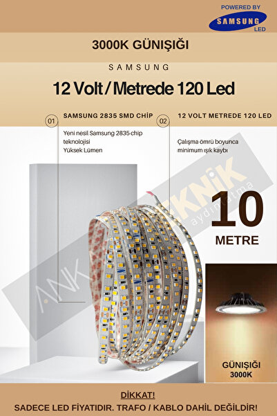 ankarateknik Samsung Şerit Led 10 Metre / 12 Volt / Metrede 120 Led / 3000K G...