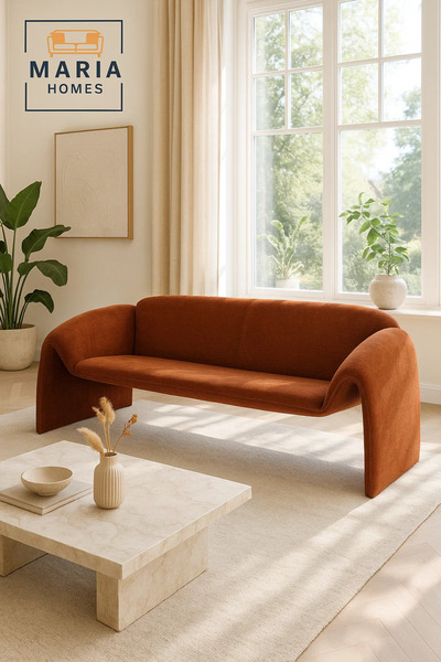 MARIA HOMES Modern Orange Sofa – Curved Fabric 3-Seater for Living Room & Lounge Spaces
