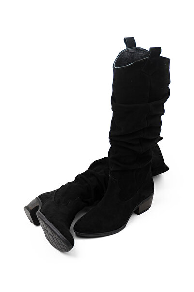 RABU Siyah Kadın Hakiki Deri Süet Körüklü Çizme