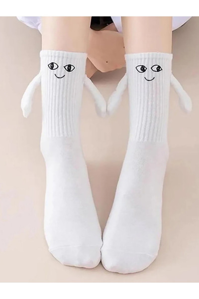 CARNAVAL SOCKS Kadın – Erkek Beyaz Mıknatıslı Elele Tutuşan Çorap (1 Adet) – Sevimli Yüz Desenli Unisex Çorap