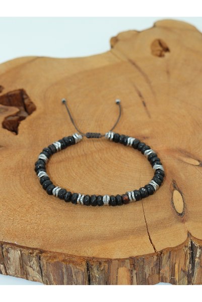Yelda's Certified Black Agate and Hematite Natural Stone Men's Bracelet - Evil Eye & Stress & Concentration & Strength