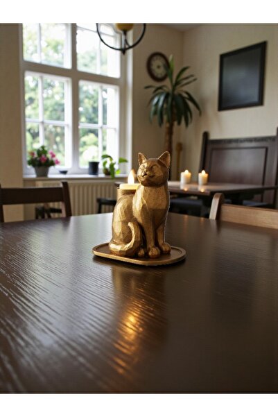 Dropcek eticaret Mozaik Desenli Kedi Mumluk Gold Bronz 13 x 13 cm -Led Mum He...