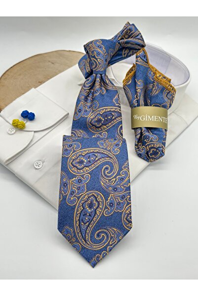 Gutiero Classic Tie with Blue Paisley Patterned Handkerchief