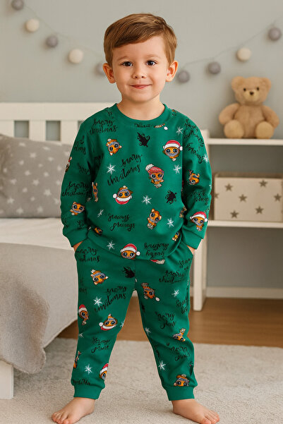 Bilge Trend Set de pijamale pentru copii bumbac moale verde, pisică piese, bumbac 100% piese