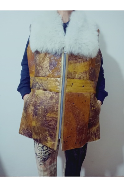 hoaryage All Sheepskin Leather Fur Vest, Fur Collar Meaty Post