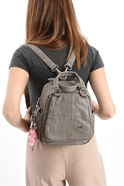H&D COLLECTİON 571 Soft Faux Leather Both Backpack and Shoulder Bag with Charm Gift Multi-Compartment
