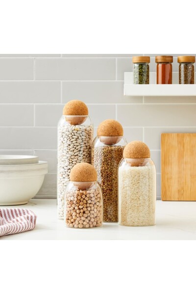 LeylArt 4-Piece Glass Jar Storage Container with Ball Cork Lids, Plain Glass
