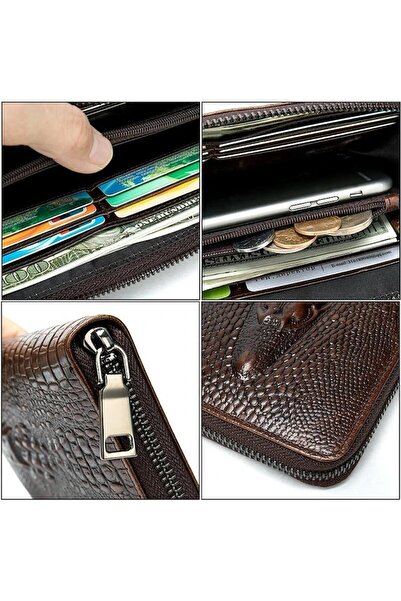 SWISSPN - Universal genuine leather wallet with crocodile print, brown, 19.5 x 10.5 x 2 cm