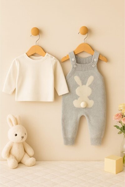 Superbaby Knitted baby suit, gray with fluffy bunny - premium 2-piece set for girls and boys