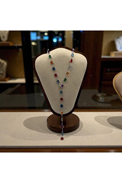 zerabijuteri Renkli Taşlı Y Çelik Kolye Dikdörtgen Modeli