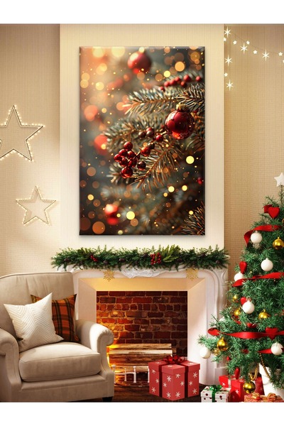 ESLEM YILBAŞI ÇAMLARI IŞIKLI KIRMIZI SÜSLER - NOEL TEMASI BASKI KANVAS TABLO