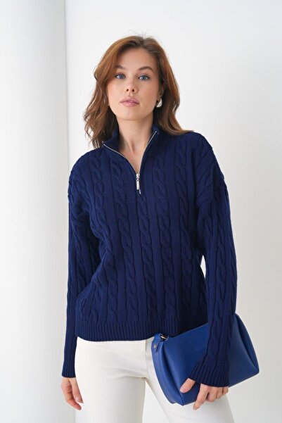 Ambessa Style Premium İplik Örgü Desenli Fermuar Yaka Kazak