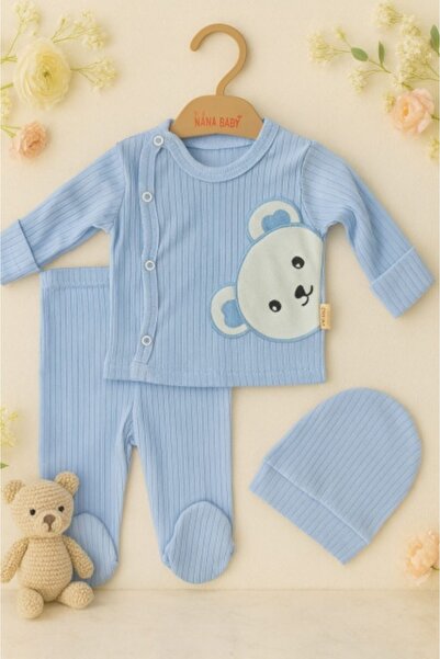 Superbaby Син бебешки гащеризон от фин памук с плюшено мече – 3 части, комфор...