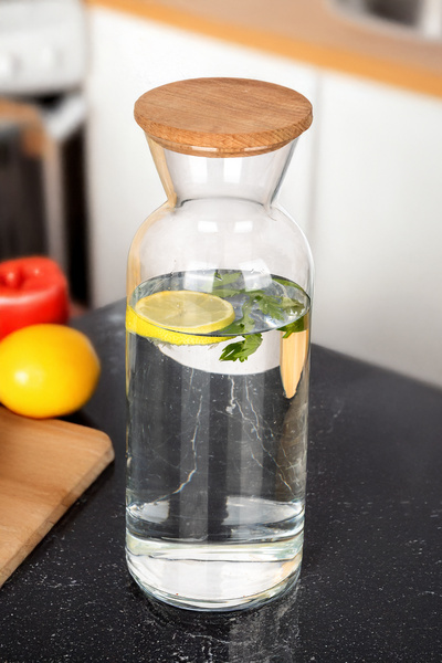 dnshome Ahşap Kapaklı Cam Sürahi Karaf