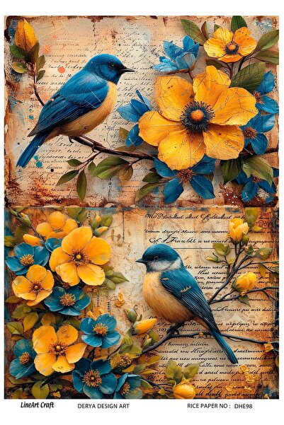 DERYA DESİNG ART Kuş ve Çiçek Deseni Pirinç Dekopaj Kağıdı No:DHE98- 29x42cm
