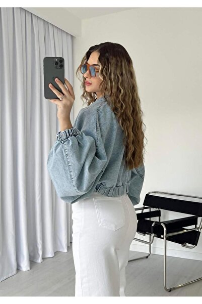 asia denim woman Denim Jacket with Balloon Sleeves