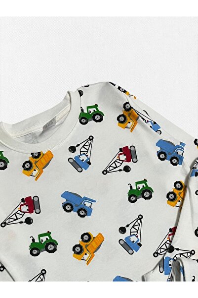 Pajama Shop Set de pijamale de iarnă cu mâneci lungi, cu model de camion tractor, culoare albă, bumbac 100% piese