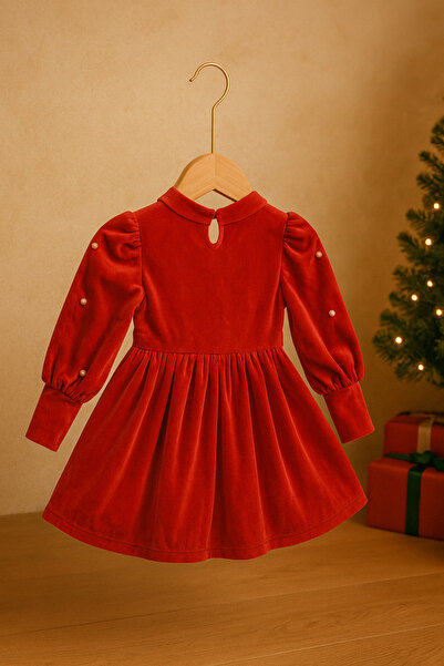 SETTY KOOP Girls Red Velvet Christmas Dress with Pearl Sleeves and Sheer Neckline rochie Crăciun fetițe
