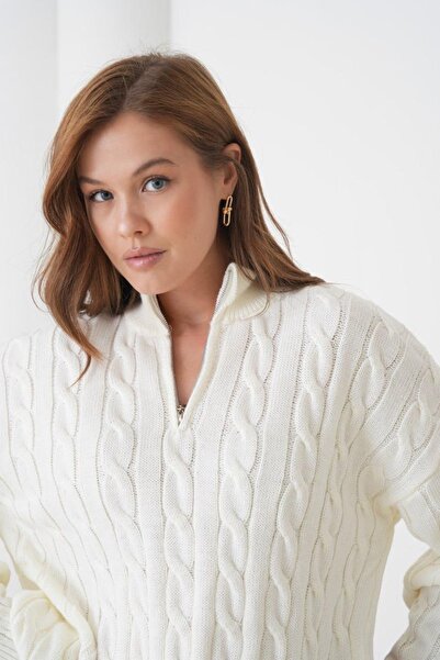 Ambessa Style Premium İplik Örgü Desenli Fermuar Yaka Kazak