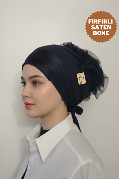 Tergek Ruffled Front Satin Navy Blue Inner Bonnet Cotton Combed Cotton Daily Women's Hijab Headscarf Turban