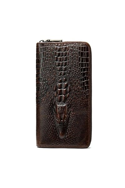 SWISSPN - Universal genuine leather wallet with crocodile print, brown, 19.5 x 10.5 x 2 cm