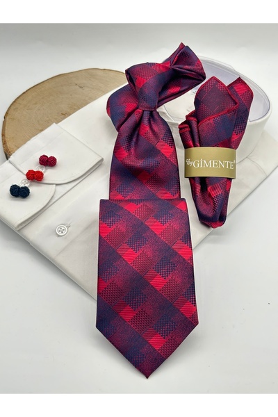 Gutiero ربطة عنق كلاسيكية منقوشة باللون الأزرق الداكن مع منديل