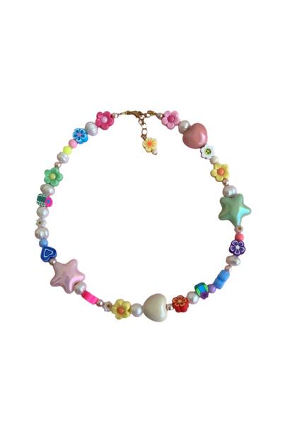 House of Crystals Gold Plated Necklace with Colorful Glass Beads and Bloom Cultured Pearls