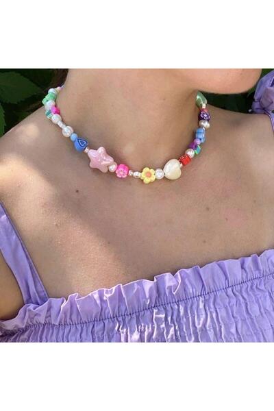 House of Crystals Gold Plated Necklace with Colorful Glass Beads and Bloom Cultured Pearls