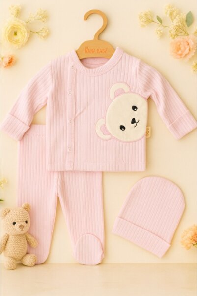 Superbaby Ροζ βρεφικό κοστούμι από λεπτό βαμβάκι με αρκουδάκι – 3 τεμάχια, άν...