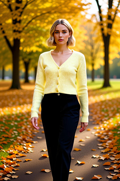 BENERLY Women's Crop Button Detailed Soft Textured V-Neck Wool Knitwear Cardi...