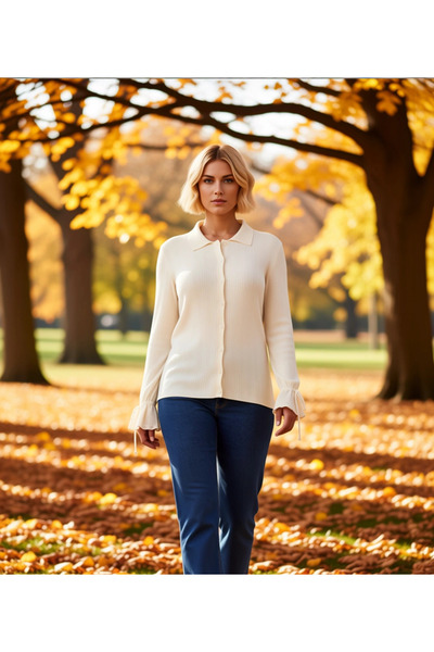 BENERLY Women's Corded Fabric Polo Neck Knitwear Cardigan with Lace-Up Sleeve...