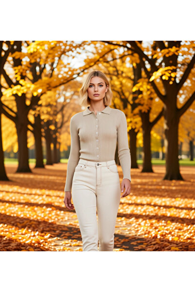 BENERLY Women's Mercerized Textured Corded Fabric Polo Neck Buttoned Long Sle...