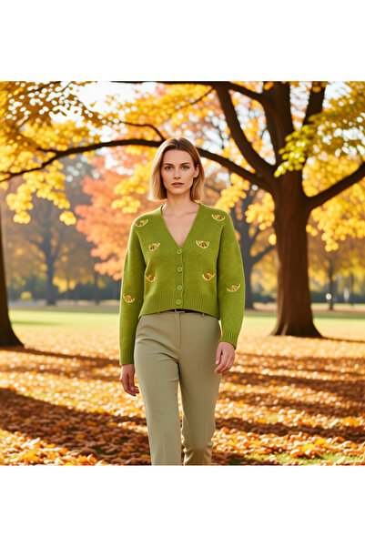 BENERLY Women's Oversized Crop V-Neck Low Sleeve Embroidered Knitwear Cardiga...