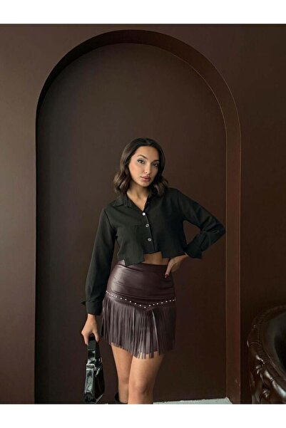 Ecenin Favorileri Western style faux leather short skirt with tassels in bitter brown