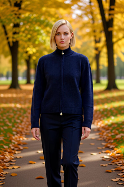 BENERLY Women's Zippered Mock Neck Daisy Detailed Knitwear Cardigan Is an Ele...