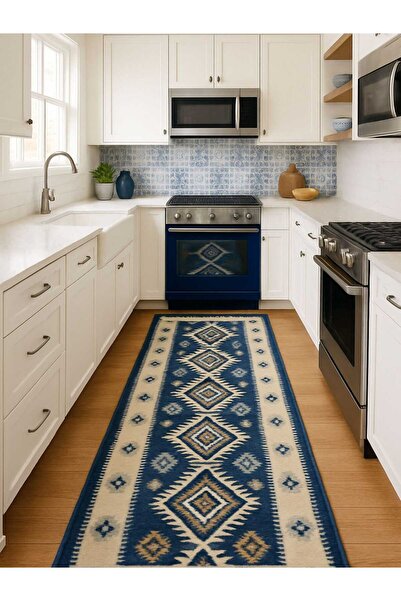 OEM Traditional woven reversible jute rug, 80 x 150 cm, blue and cream, ROMB pattern